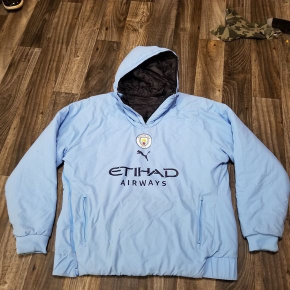 PUMA Manchester City Jacket Reversible 1/4 Zip -Black Blue Has Holes Discolored